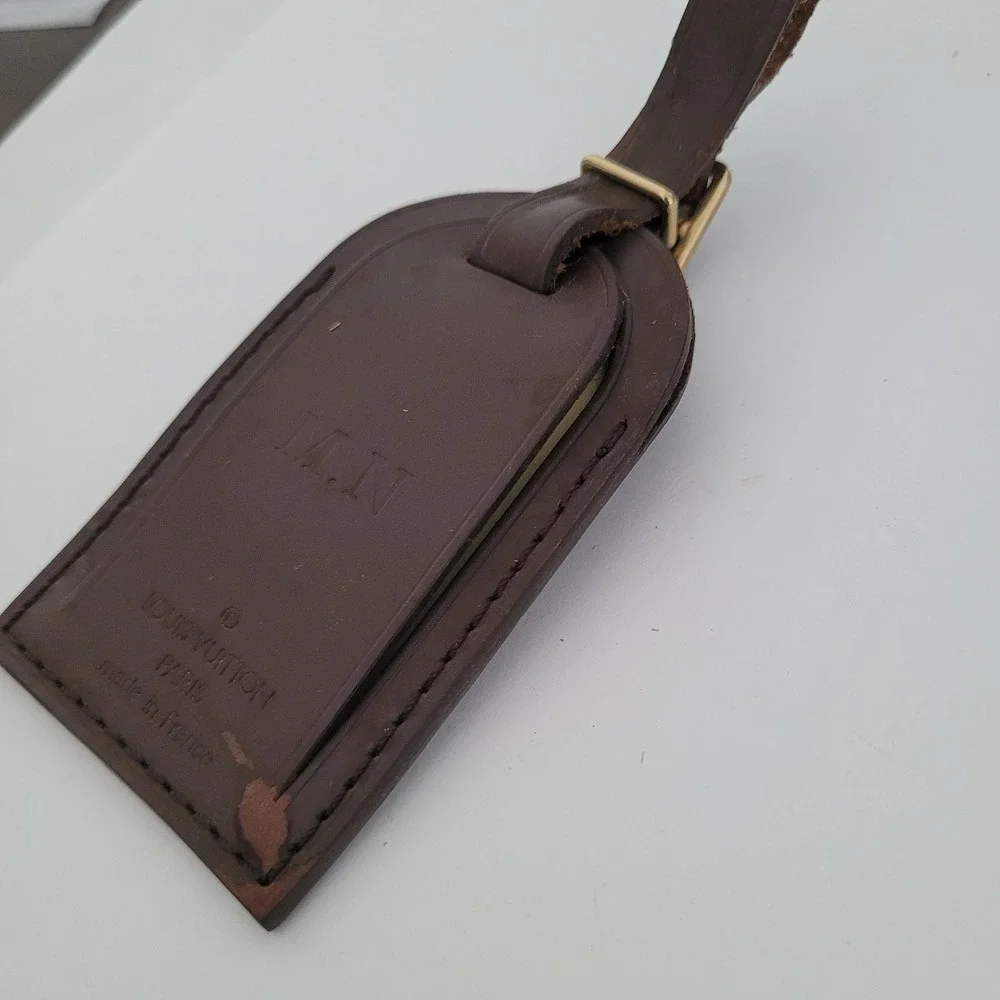Louis Vuitton Brown Leather Luggage Tag Gold Buckle Travel Accessory MN Monogram